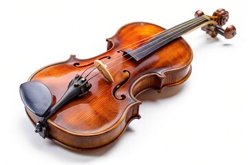 Antique wooden violin exuding rich texture and detailed craftsmanship presented in forced perspective against a white background, harmonic, sound, string, rich texture