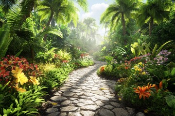 This lush 3D jungle path includes vibrant flora and sunlight filtering through leafy foliage