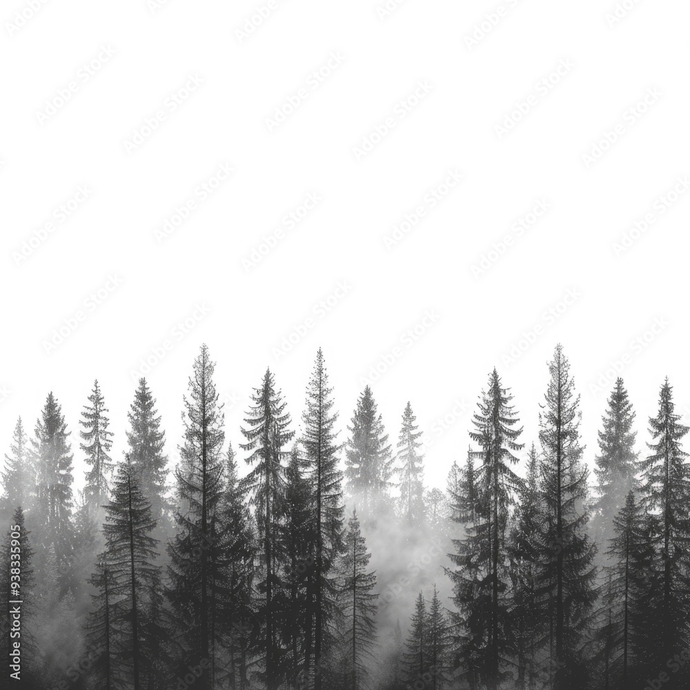 Poster a serene black and white image of a dense forest with trees and underbrush