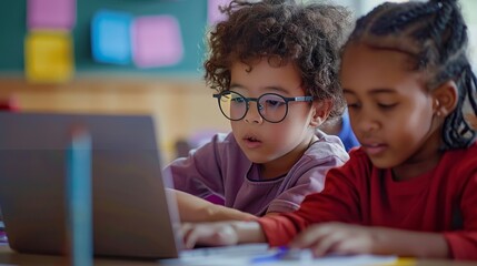 Diverse elementary school kids engaged in online learning with laptop in modern classroom setting