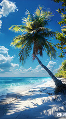 Fototapeta premium Tropical Paradise: Palm Trees, Coconut Tree, Sandy Beach, and Blue Sky for Summer Travel and Vacation Vibes Sunny Weather for iPhone Mobile HD Wallpaper. Portrait Vertical Sea Beach with Big Tree