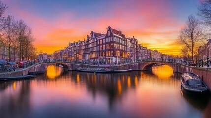 Obraz premium Sunset in Amsterdam. Panoramic view of the historic city center of Amsterdam. Traditional houses and bridges of Amsterdam town. A romantic evening and a bright reflection of houses in the water. 