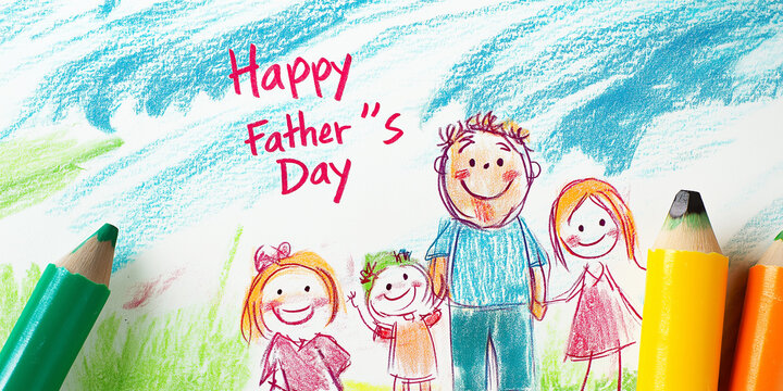 Artistic crayon drawings of dad and kids with playful "Happy Father’s Day" message
