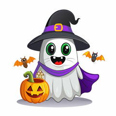 Playful and Quirky Cartoon Ghost in Vibrant Purple and Orange Colors, Perfect for Children's Halloween Themes, Friendly Design Ideal for Festive Decorations and Fun Party Atmospheres