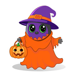 Playful and Quirky Cartoon Ghostly Figure in Vibrant Purple and Orange Colors, Friendly Design Ideal for Children's Halloween Themes, Perfect for Festive Decorations and Whimsical Party Atmosphere
