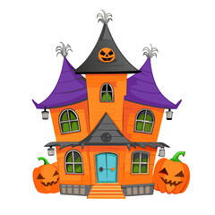 Enchanting Purple and Orange Haunted House Cartoon Illustration for Children's Halloween Designs. Whimsical, Playful, and Quirky Design Perfect for Seasonal Projects with Friendly and Fun Theme.