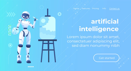 Robot artist painting creative picture artificial intelligence artist working to create digital image online. machine learning creative process and precision drawing. landing web banner