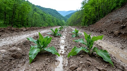   A dirt road, lined with green plants and framed by distant mountains capped with trees