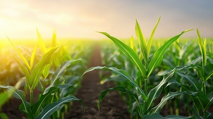 Naklejka premium Green plants fill a field, sunlight filtering through their leaves, casting dappled shadows