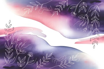 AI generated watercolor smooth gradient background with soft pastel colors like purple and pink with  white one line botanical elements. Paper texture.