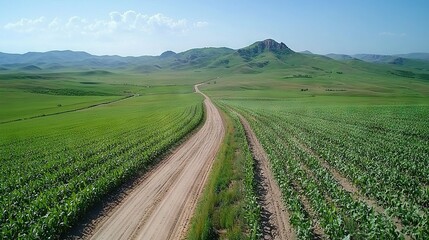 Fototapeta premium A panoramic shot of a rugged terrain trail surrounded by expansive greenery and towering peaks in the distance