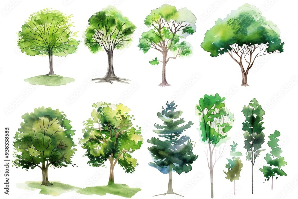 Poster watercolor illustration of multiple trees on a plain white background, great for various designs and
