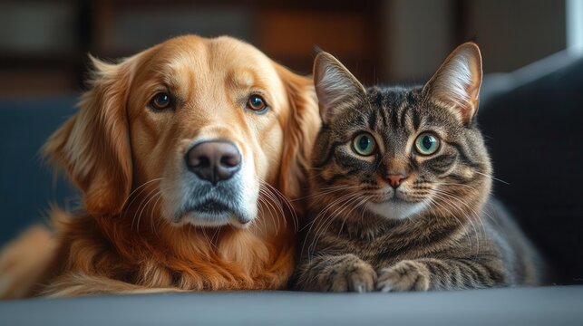 playful portrait of unlikely animal friends a fluffy golden retriever and sleek tabby cat sitting sidebyside gazing curiously at viewer against pure white background