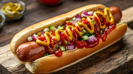 Close-up of a loaded hot dog with mustard, ketchup, and onions on a rustic background