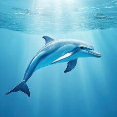 Fototapeta premium A graceful dolphin swimming in clear blue waters, showcasing its agility and beauty in a serene underwater environment.