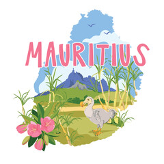 Sugar cane fields with famous mount pieter both on mauritius map. Dodo endemic extinct bird, typical plant mauritiustrochetia boutoniana national symbol of the island. Vector landmarks in flat style. © Tata Pilip