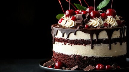   A close-up photo of a cherry-topped chocolate cake on a plate