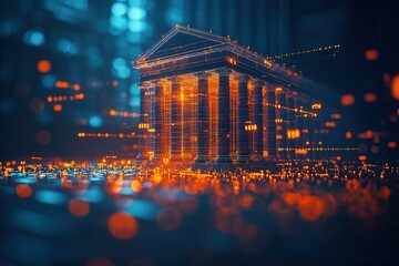 Digital representation of a blockchain structure with vibrant glowing data blocks in a futuristic financial environment.