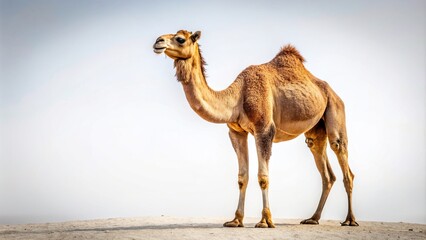Arabian camel stands tall and confident against a white background captured from a low angle perspective showcasing its majestic presence, unique, zoology, one hump, large animal, exotic
