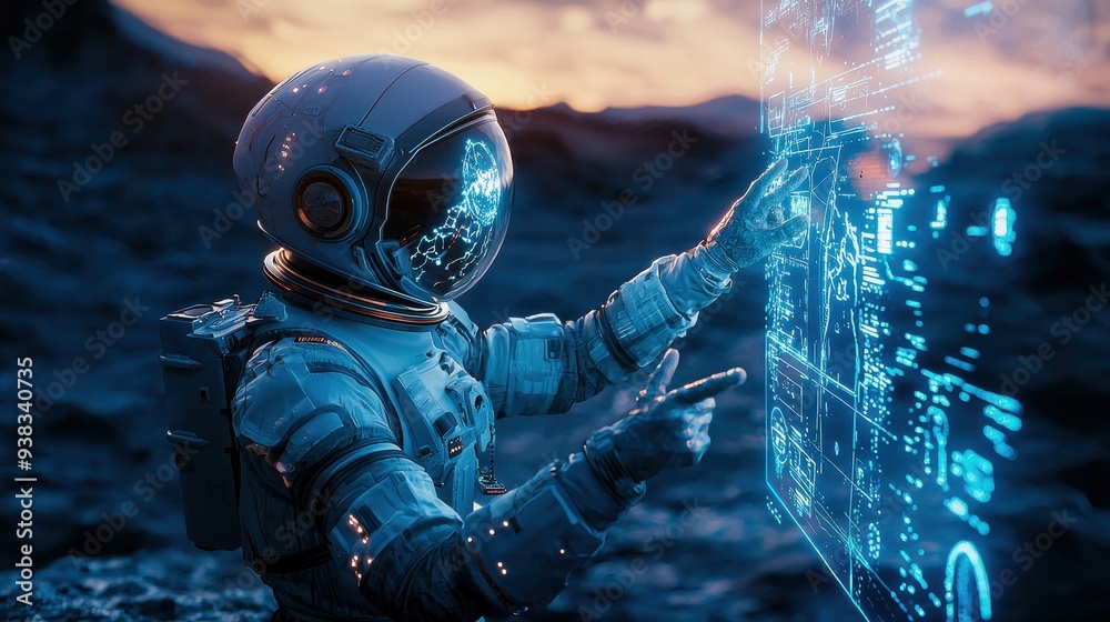 Wall mural an astronaut interacting with an ai-driven holographic assistant on an alien planet, receiving envir