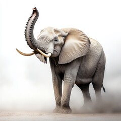 Obraz premium A majestic elephant stands proudly amidst a dust cloud, showcasing its magnificent trunk and tusks in a stunning display of strength.
