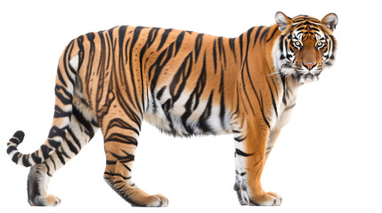 Obraz premium A tiger stands facing forward, orange and black stripes.