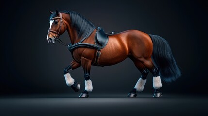 Naklejka premium A majestic horse stands in profile, showcasing its shiny coat and strong build against a dramatic dark background.