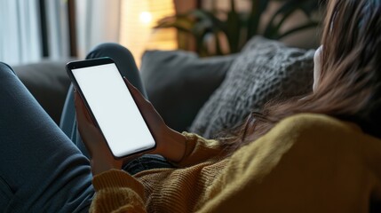 Relaxing at Home - Woman Surfing the Internet on Smartphone with Blank Screen While Lying on Comfortable Couch