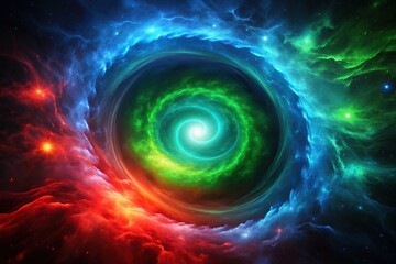 Fototapeta premium Cosmic dark blue red background with glowing spiral and green cloud, celestial, dark blue, background, spiritual, digital art, futuristic, night sky, universe, spiral, green cloud