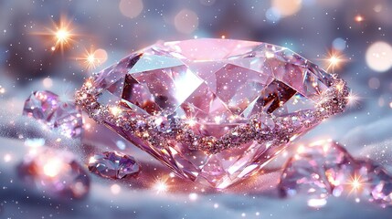   Close-up of a pink diamond amidst pink and white diamonds on a blue-white backdrop, glistening lights