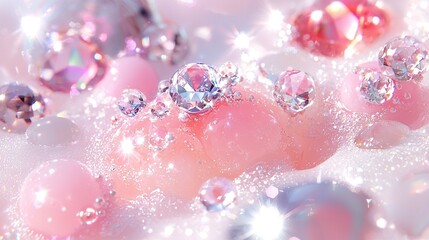   A zoomed-in photo of a group of pink and white balls, including diamond embellishments on one of them