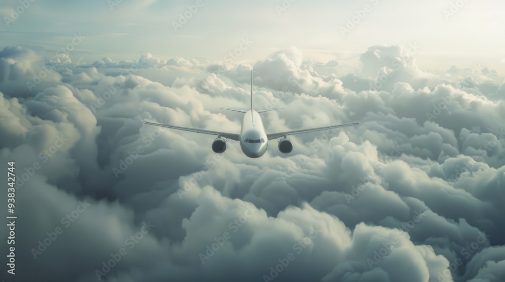 Poster a plane soaring through the sky with fluffy white clouds below