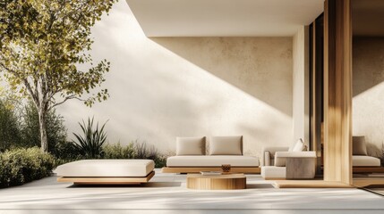 Close-up of a minimalist outdoor patio with modern furniture, a neutral color palette, and clean lines