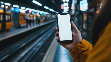 Connected Commuter: Person Holding Mobile Phone with White Screen at Public Transportation Stop