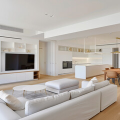 Panoramic view of the huge apartment interior with low ceilings.