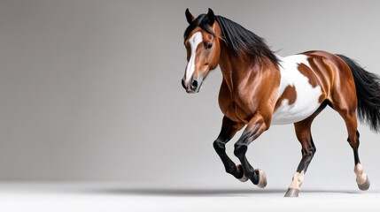 A stunning brown and white horse galloping gracefully across a minimalist background, showcasing its beauty and strength.