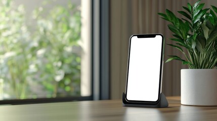 Modern Home Office Setup - Mobile Phone in White Holder on Desk
