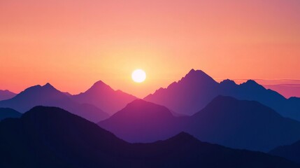 Obraz premium Close-up of a mountain range silhouetted against a vibrant sunset, with the sun dipping behind the peaks