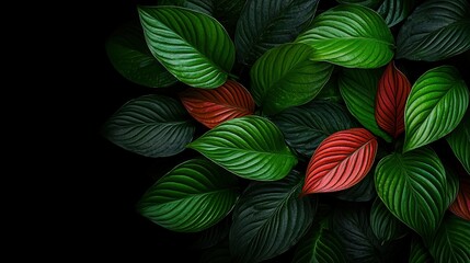 Fototapeta premium Green and red foliage on a dark canvas with a crimson core surrounded by leaves