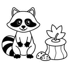 Cartoon Raccoon with Leaf by Tree Stump and Mushrooms Art vector illustration