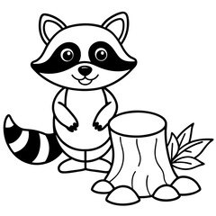 Cartoon Raccoon with Leaf by Tree Stump and Mushrooms Art vector illustration