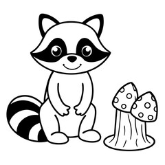 Cartoon Raccoon with Leaf by Tree Stump and Mushrooms Art vector illustration