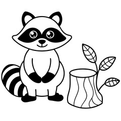 Cartoon Raccoon with Leaf by Tree Stump and Mushrooms Art vector illustration