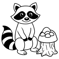 Cartoon Raccoon with Leaf by Tree Stump and Mushrooms Art vector illustration