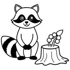 Cartoon Raccoon with Leaf by Tree Stump and Mushrooms Art vector illustration