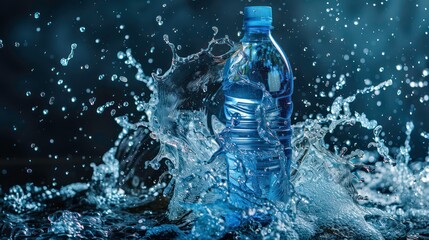 A close-up image of a water bottle surrounded by water droplets, creating a splash of water.
