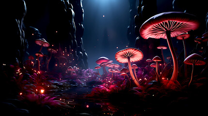 Futuristic Nocturnal Wilderness: A Spectacle of Bioluminescent Flora and Neon Fauna in a Thriving Ecosystem