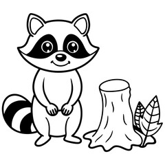 Cartoon Raccoon with Leaf by Tree Stump and Mushrooms Art vector illustration
