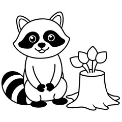 Cartoon Raccoon with Leaf by Tree Stump and Mushrooms Art vector illustration