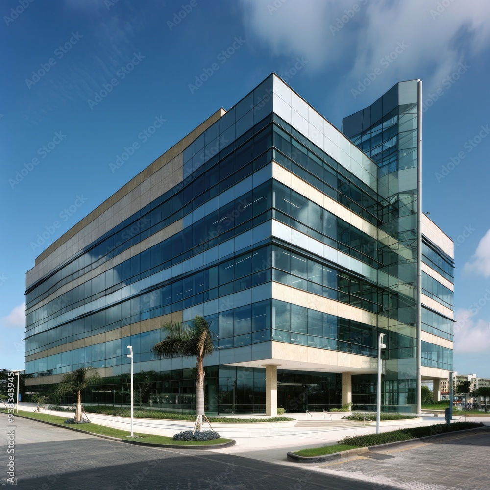 Aufkleber A modern office building with a single palm tree outside, ideal for use as a background or to depict a cityscape